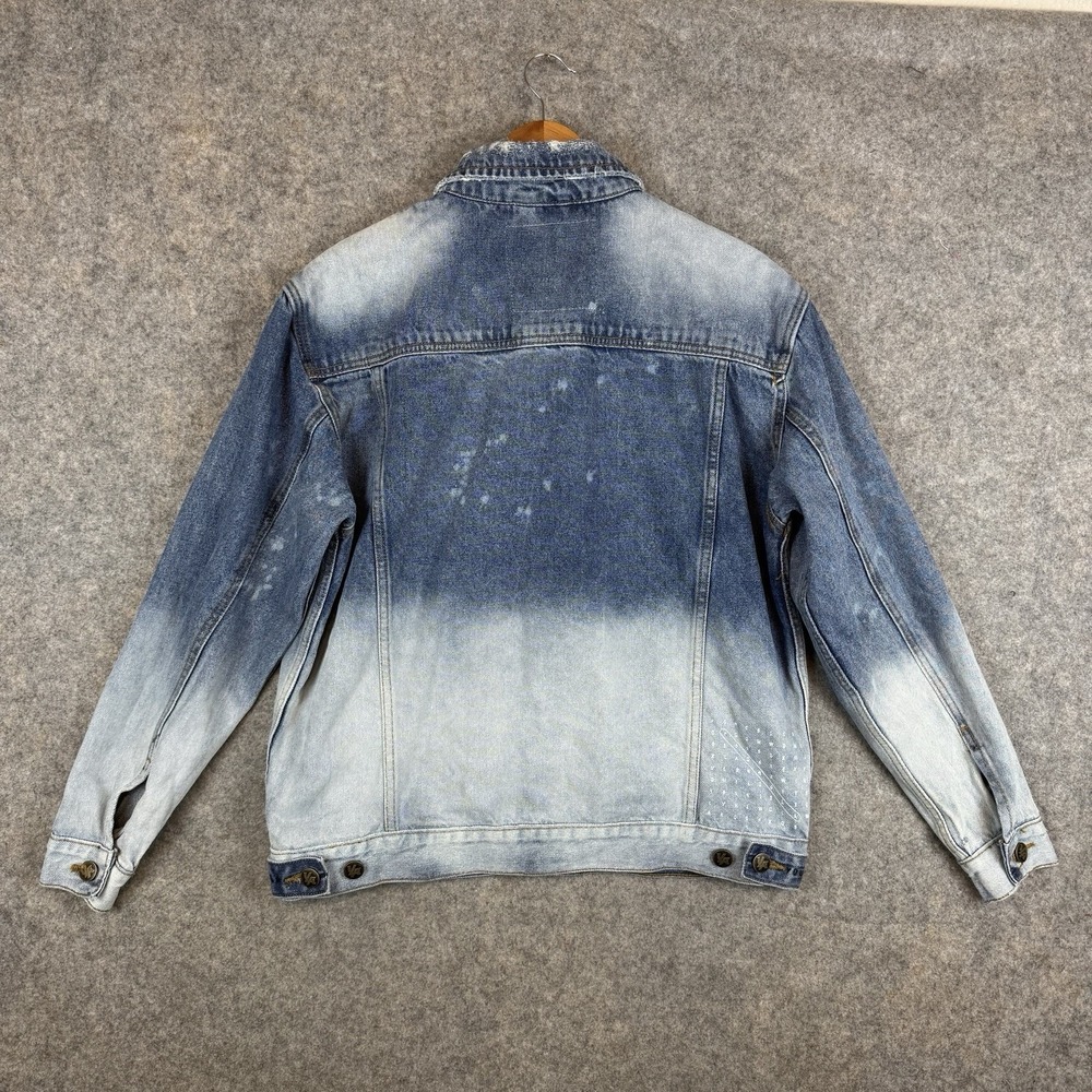 YoungLA Jean Jacket Mens Small Blue Distressed Acid Wash Denim Crossword Graphic - Picture 2 of 9